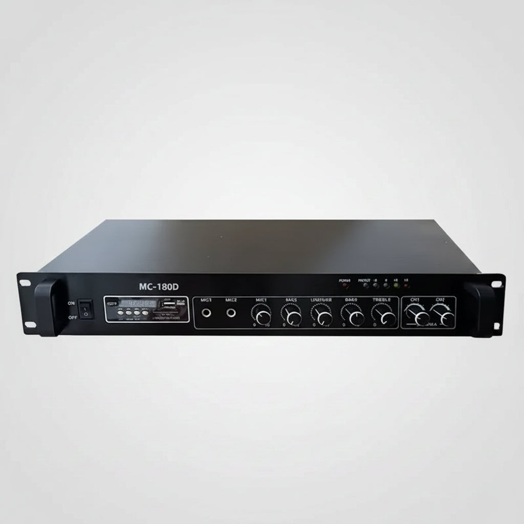 Black audio equipment rack with control panels on a white background